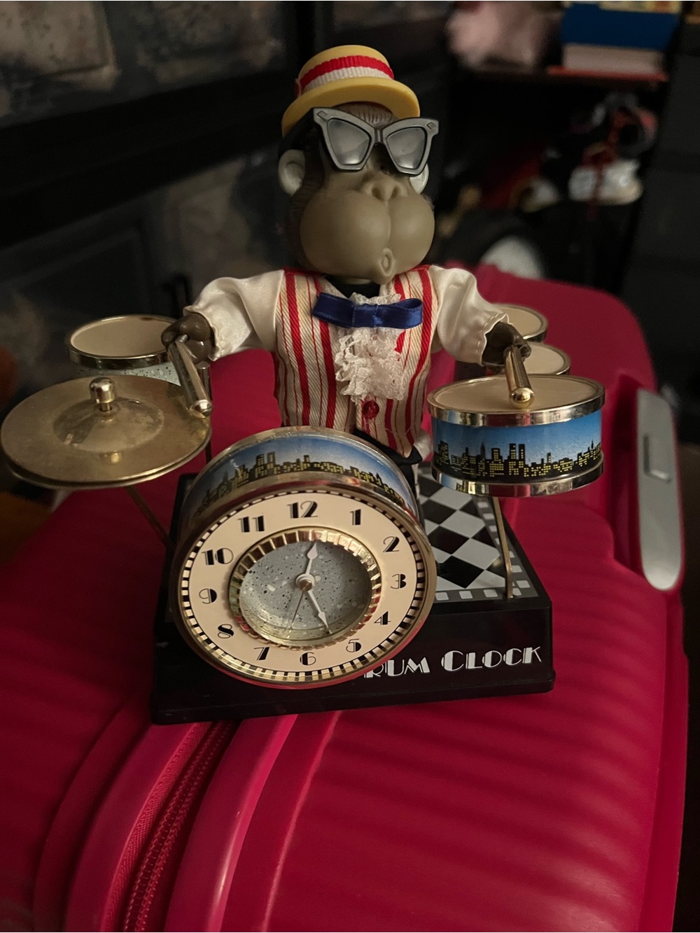 Vintage Animated Monkey Drummer Drum Clock Novelty Musical Motion Clock
